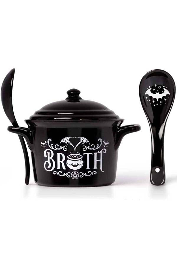 Alchemy Gothic Bat Themed Bone China Lidded Bowl and Spoon Set for Soup, Broth, Cereal and Snacks
