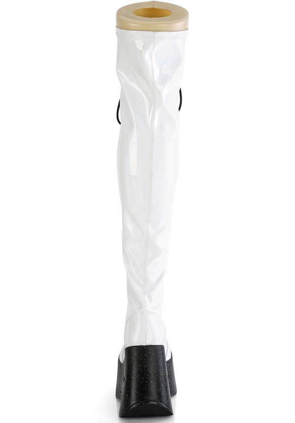 PREORDER: White Stretch Holo DYNAMITE-300 Platform Boots