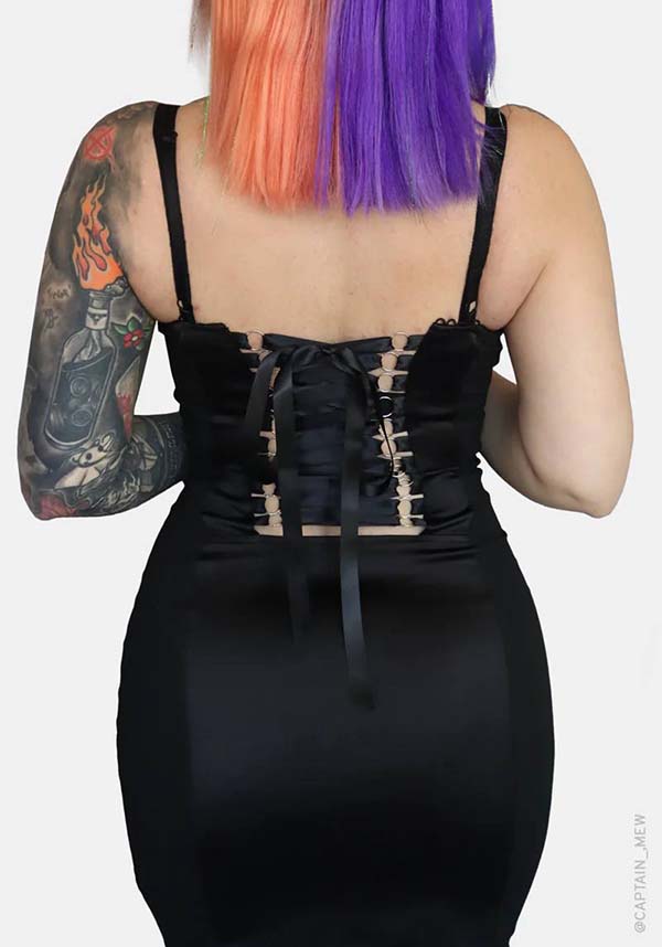 Blood Oath Dark and Dreamy Stretch Satin Dress with Corset Back