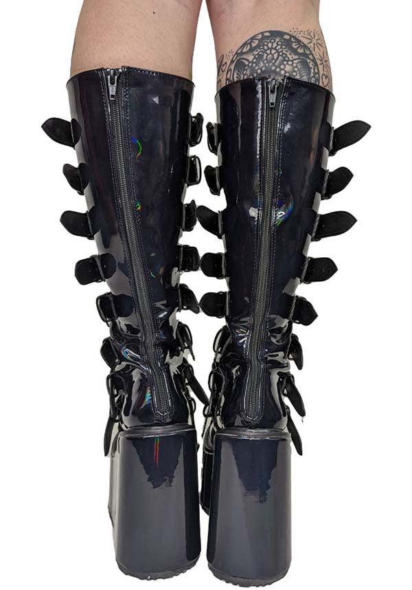 PREORDER: Black Holographic Patent SWING-815 Platform Knee-High Boots