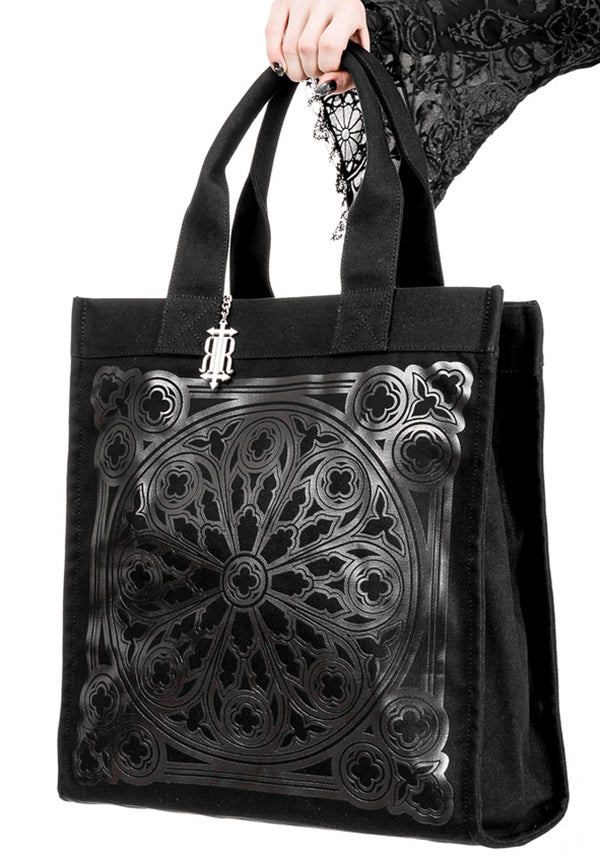 Gothic-Inspired Heavy Cotton Canvas Rosarium Tote Bag with Rose Window Print
