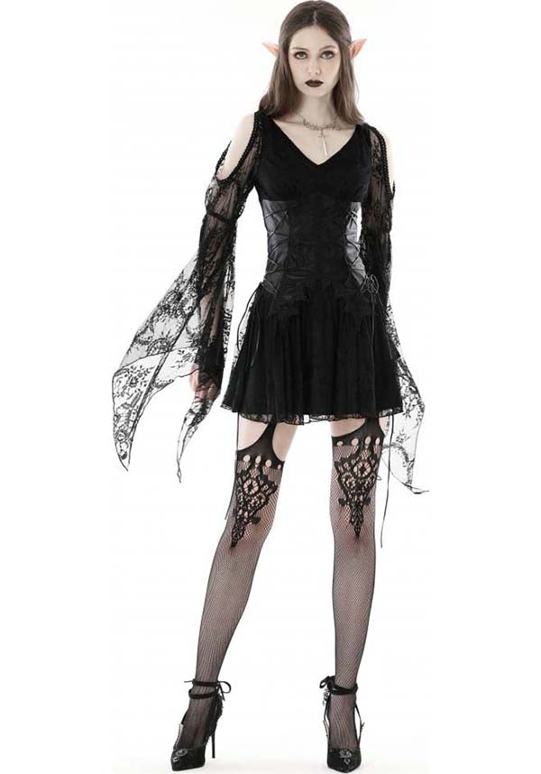 Exquisite Azrael Sheer Lace Dress with Bell Sleeves and Cold Shoulder Design