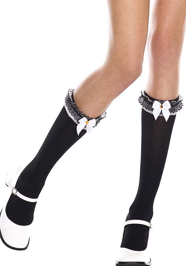 Black/White Lace Ruffle Trim Knee-High Socks - Elegant and Playful