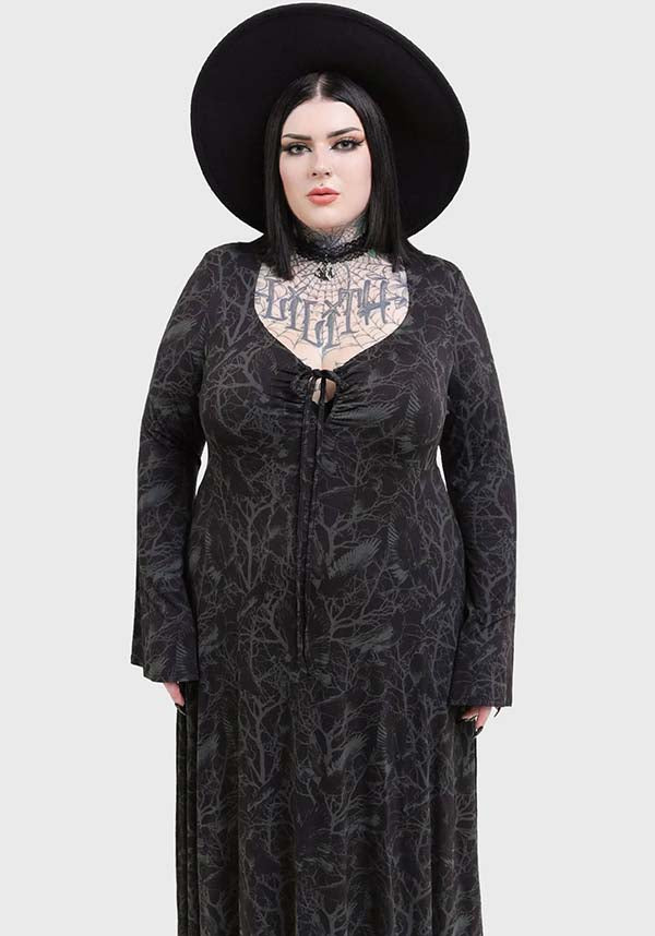 Stunning Raven Print Maxi Dress with Soft Stretch Fabric