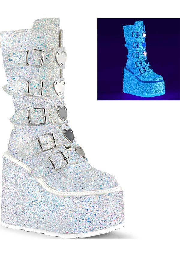 PREORDER DEMONIA SWING-230G White Multi Glitter Platform Mid-Calf Boots for Alternative Fashion