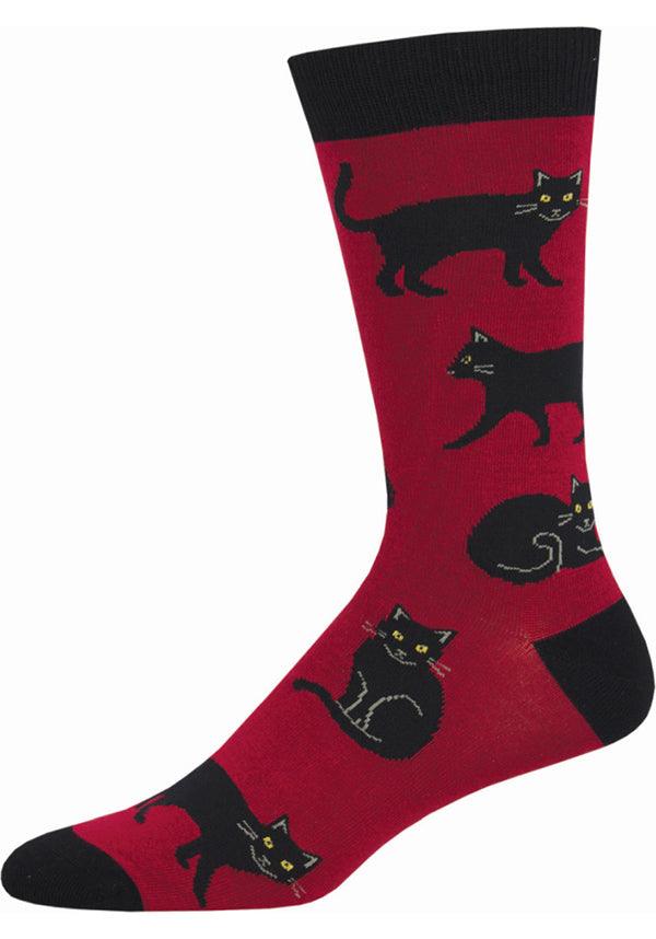Stylish Red-Embellished Bamboo Black Cat Men's Socks