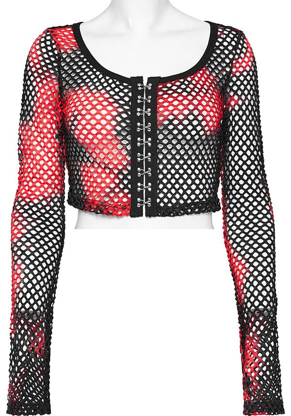 Punk Rave Badriyah Black/Red Tie-Dyed Fishnet Long Sleeve Crop Top