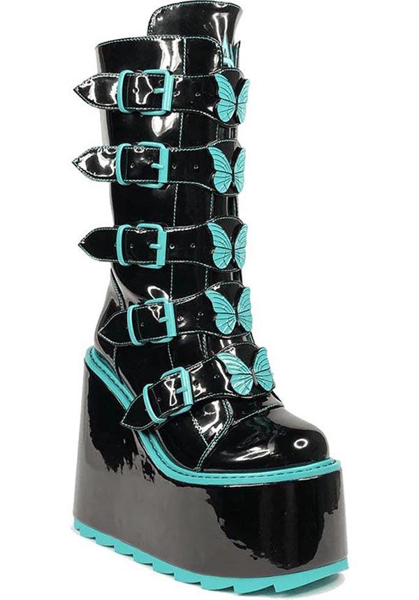 Dune Butterfly Black and Teal Color Scheme Platform Boots for Fashion - Forward Individuals