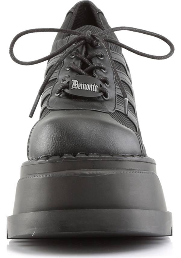 PREORDER: Demonia STOMP-08 Black Wedge Platform Lace-Up Oxford Shoes