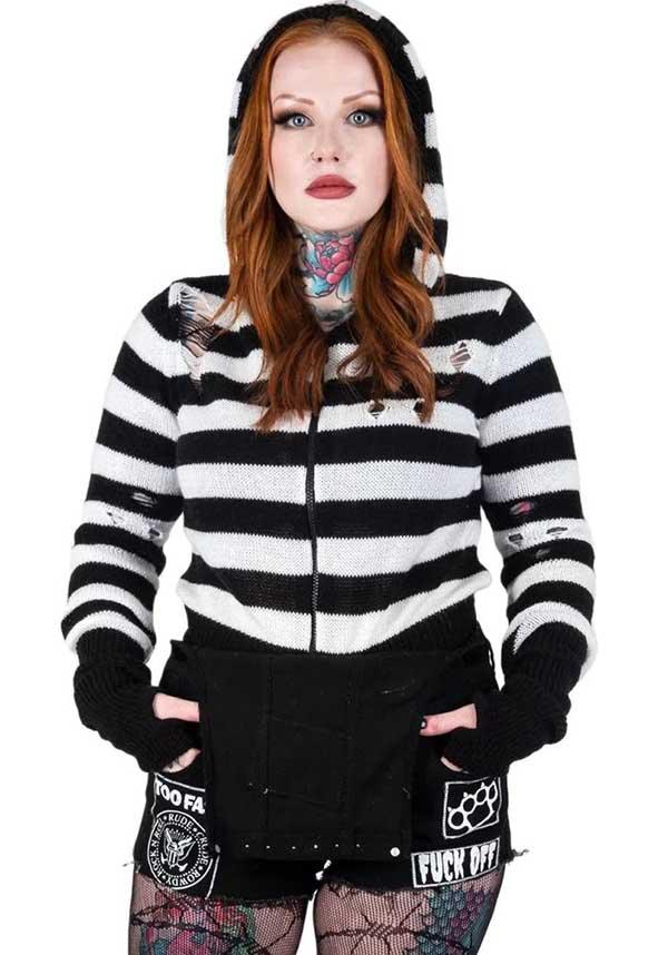 Adorable Pink Skull Striped Zip-Up Hooded Cardigan Sweater for Fall