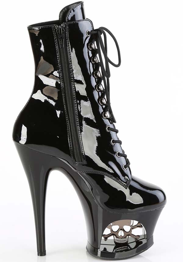 PREORDER - MOON-1020SK Black Patent Platform Ankle Lace-Up Boots