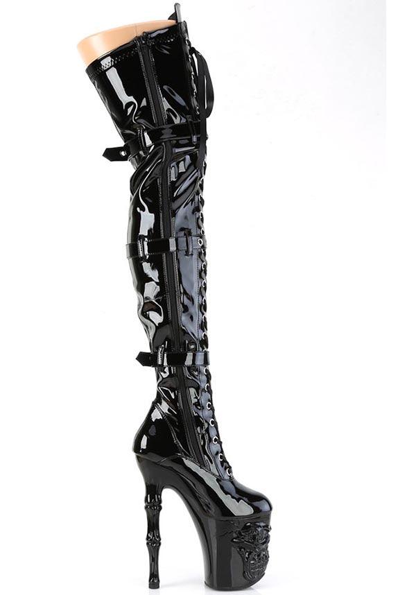 PREORDER - RAPTURE-3028 Black Patent Platform Heels, Lace-Up Front Thigh High Boots