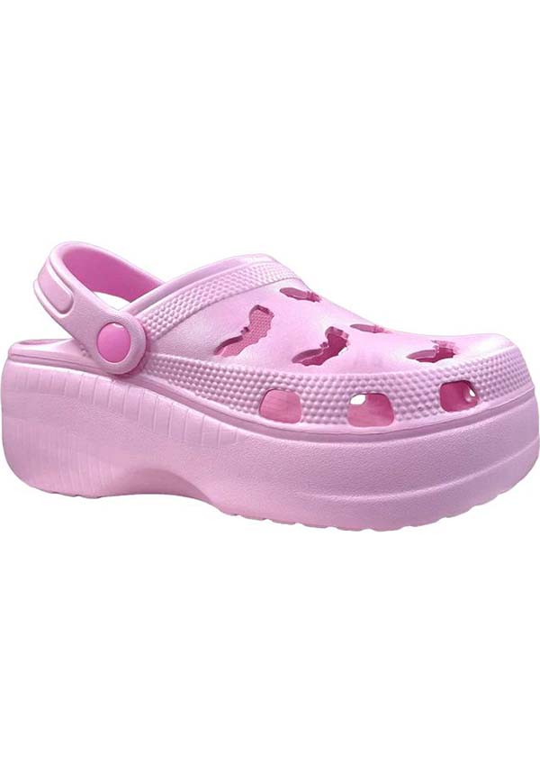 YRU RIPS Baby Pink Bat-Style Rubber Clogs for a Spooky Look