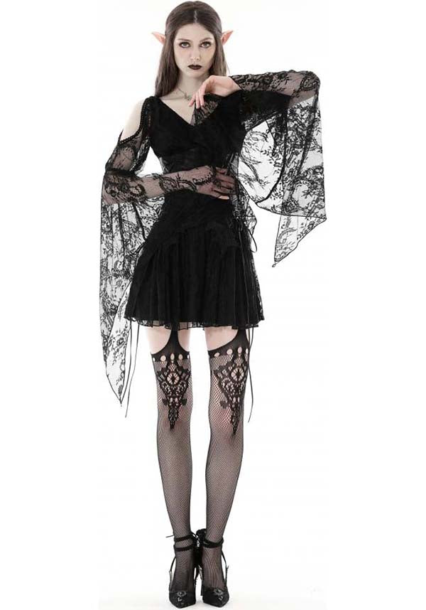 Exquisite Azrael Sheer Lace Dress with Bell Sleeves and Cold Shoulder Design