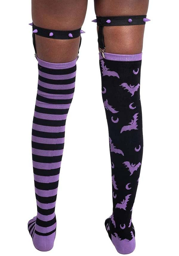 Purple Stripes and Purple Bats Design Thigh High Fashion Garter Socks