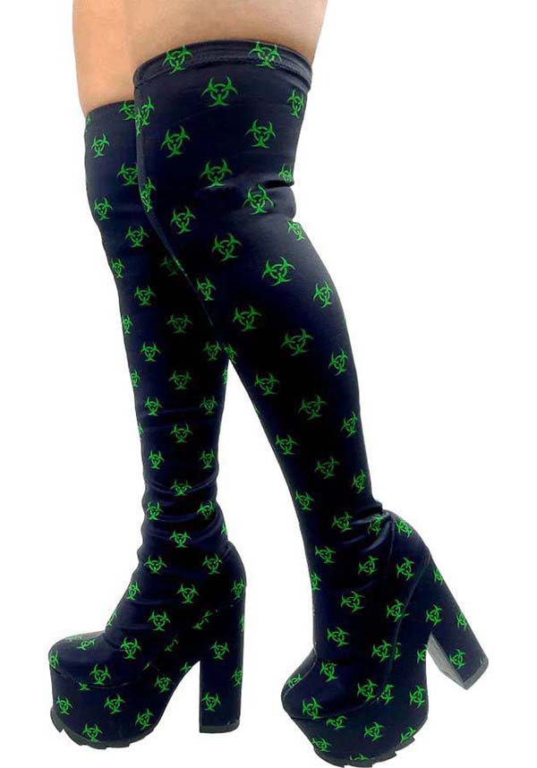 Edgy Black and Green Labyrinth Toxica Knee-High Boots