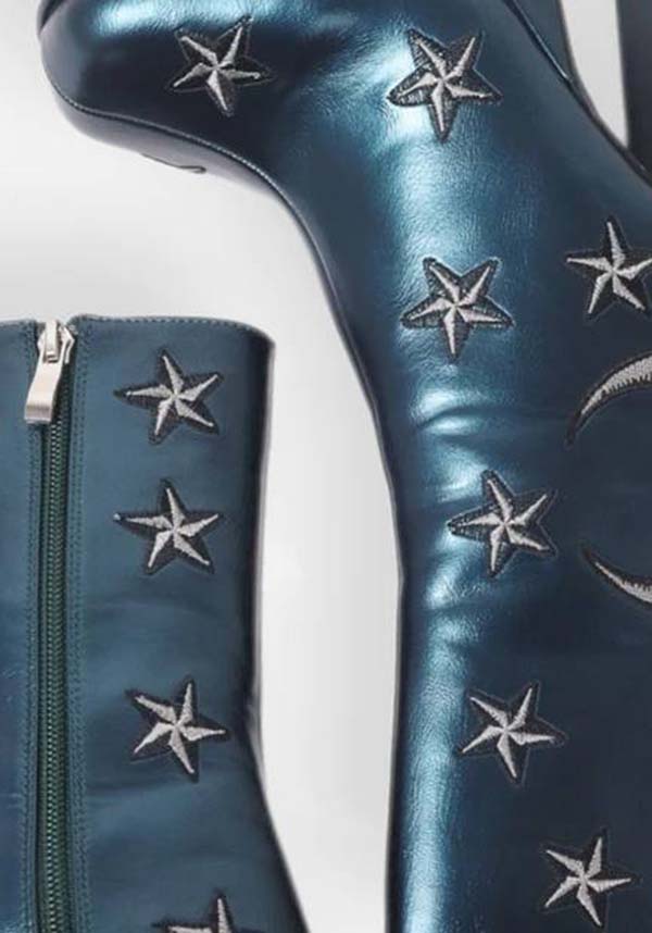 Enchanted Mooncraft Teal-Colored Heeled Chunky Ankle Boots for Women