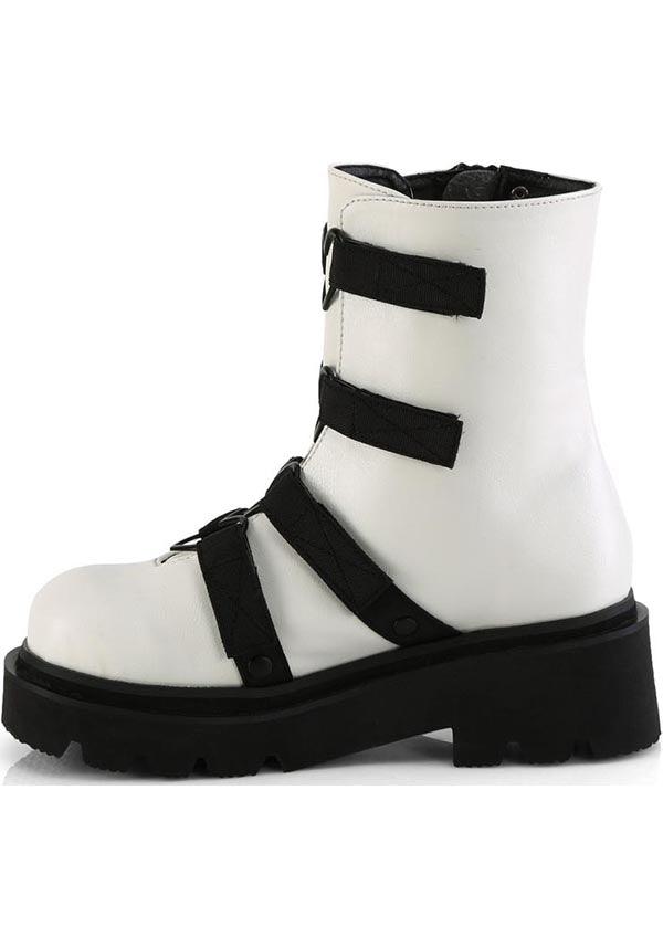 RENEGADE-50 White Vegan Leather and Nylon Strappy Ankle Boots - Preorder