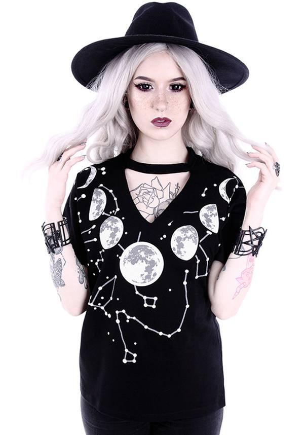 Soft Black Cotton Oversized Moon Phases V - Neck T - Shirt