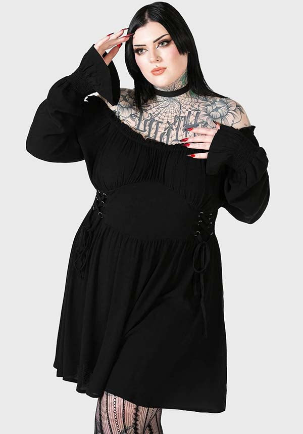 KILLSTAR Jocasta Mini Dress - Soft Stretch Bardot Neckline with Lace Up