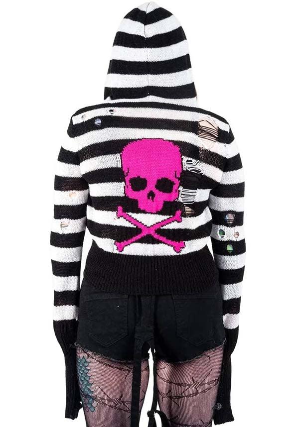 Adorable Pink Skull Striped Zip-Up Hooded Cardigan Sweater for Fall