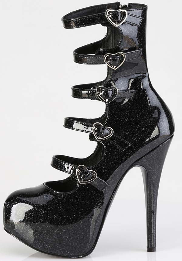 TEEZE-23 Platform Heels in Black Glitter Patent Finish - Preorder Now
