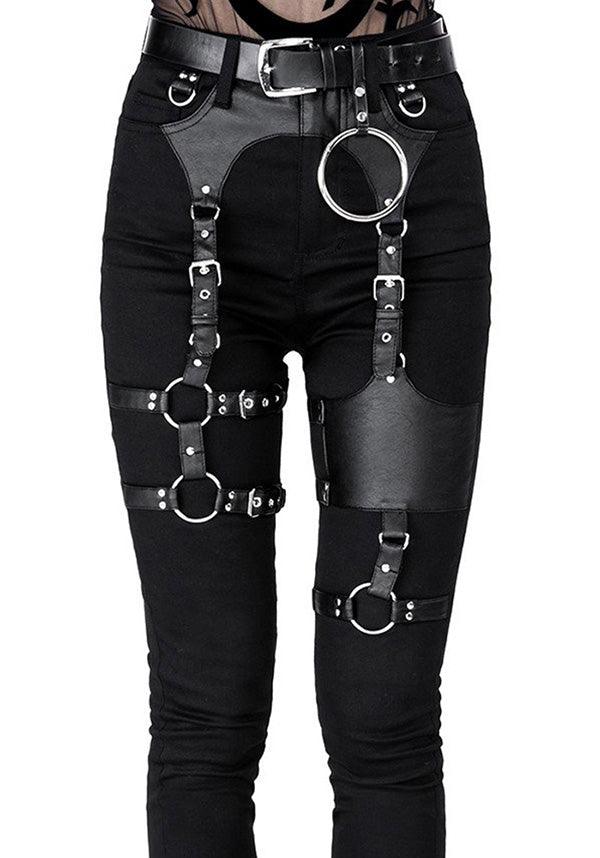 Black Gothic-Style Leather-Look Harness-Adorned High-Waisted Slim Fit Jeans