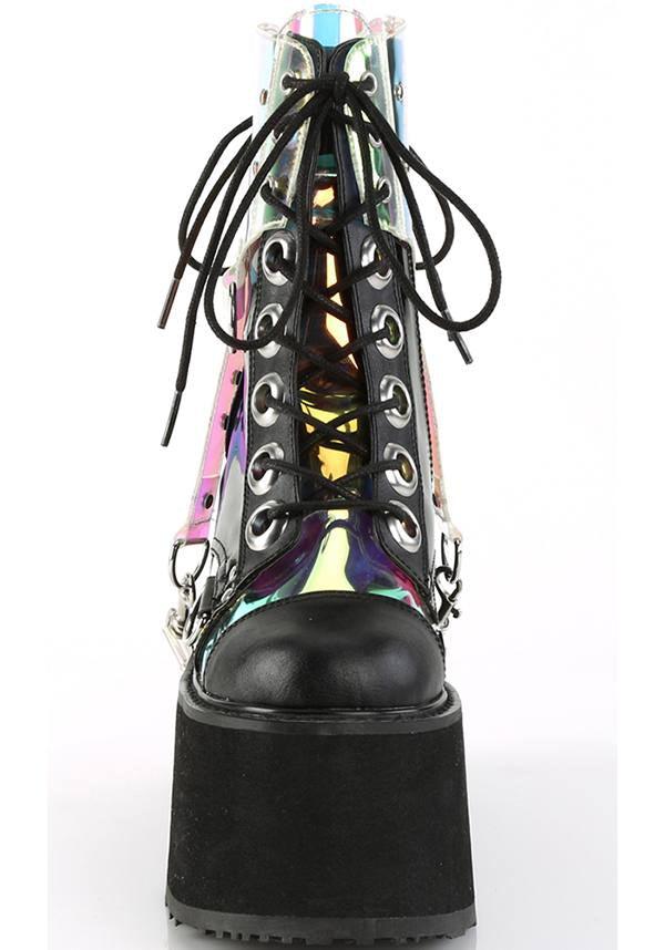Demonia Pre - Ordered Black and Clear Hologram Swing - 115 Platform Lace - Up Boots