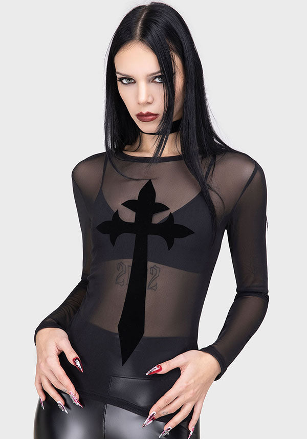 Mephitia Sheer Stretch Long-Sleeve Crew Neck Fitted TOP