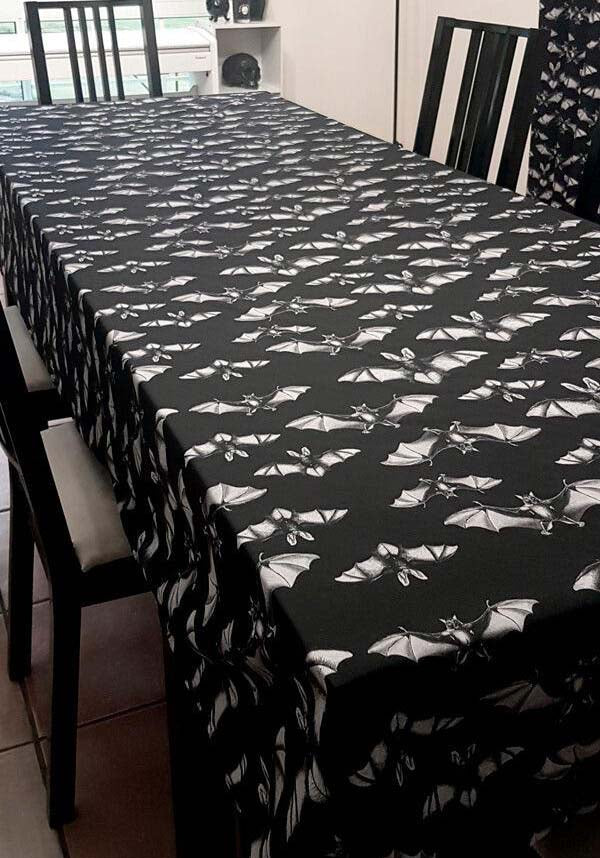 Midnight Flight Charcoal Black Polyester Table Cloth with Grey Realistic Bats