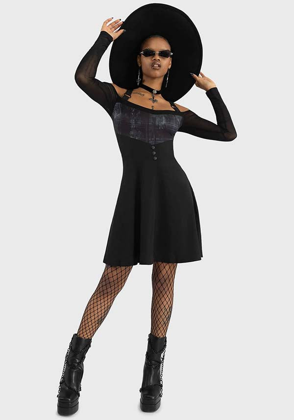Stormcloud Cold-Shoulder Mini Dress with Washed Effect Print