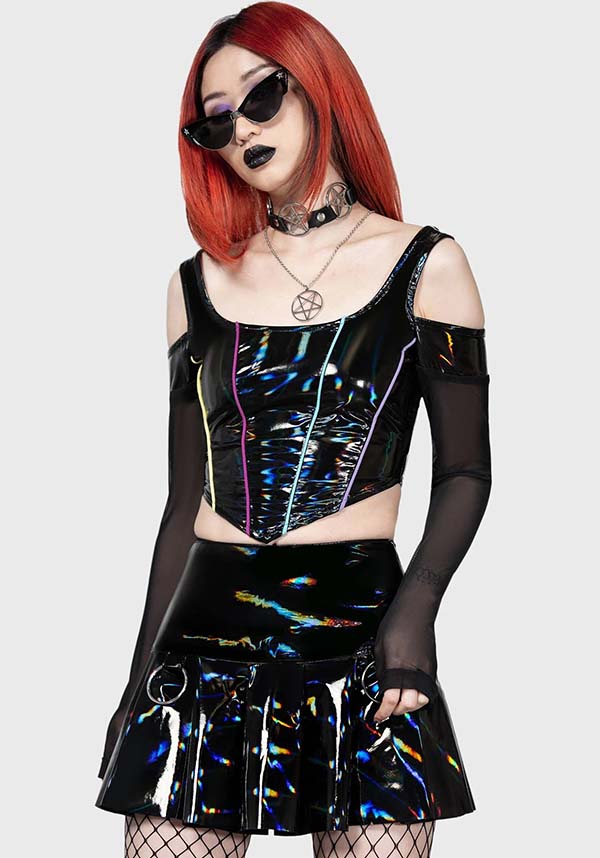 Midnight's Magic Black Rainbow PU Corset Top with Mesh Sleeves and Cold Shoulder Design