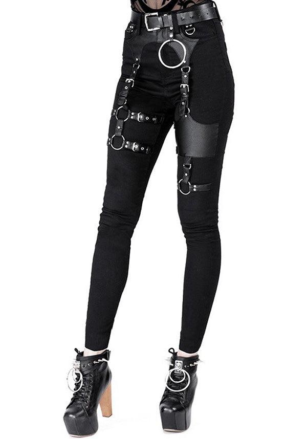 Black Gothic-Style Leather-Look Harness-Adorned High-Waisted Slim Fit Jeans