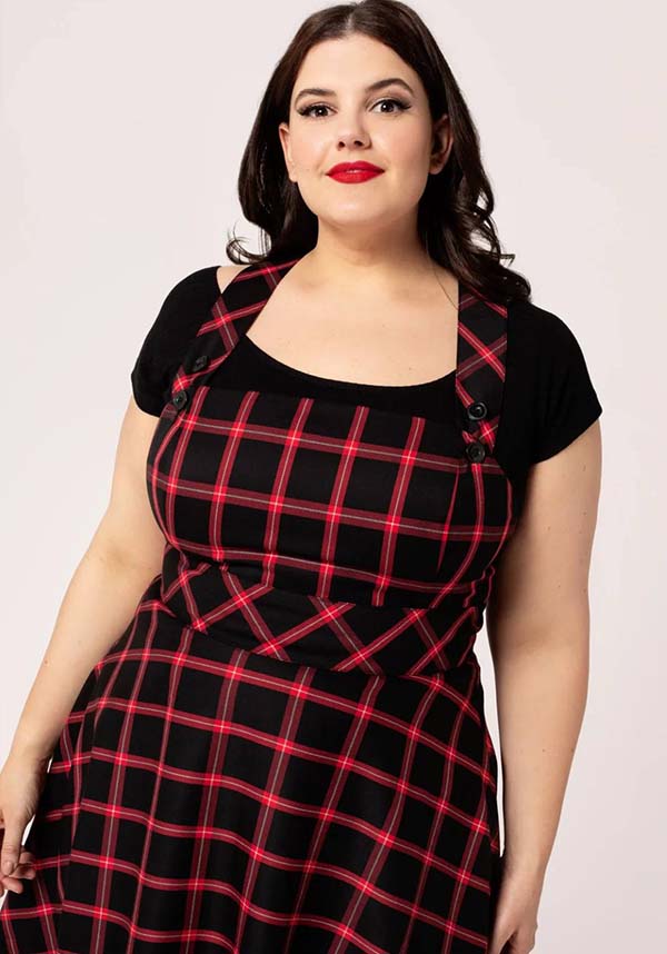 Hell Bunny Janine Black & Red Tartan Adjustable Pinafore Dress