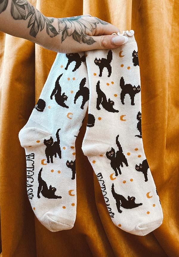 Adorable Soft Combed Cotton Ruffle Socks with Black Cat and Gold Star Design