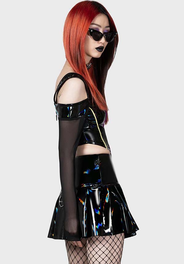 Midnight's Magic Black Rainbow PU Corset Top with Mesh Sleeves and Cold Shoulder Design