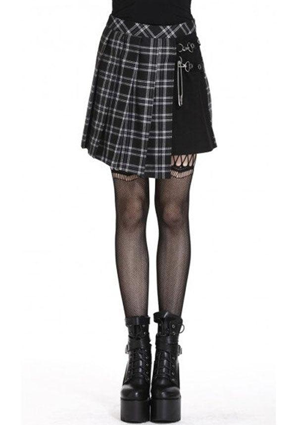 Black Tartan Grunge Style Irregular Hem Pleated Grid Skirt