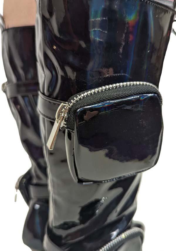San Jose Black Holo Patent Leather Lace - Up Mid - Heel Boots with Pocket Details