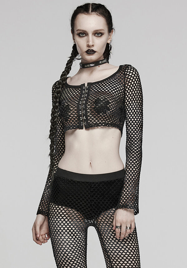 Punk Rave Badriyah Black Fishnet Long - Sleeve Crop Top