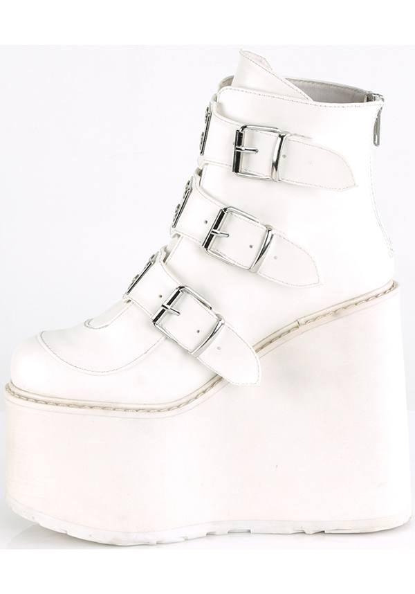 PREORDER - White SWING-105 Vegan Platform Ankle Boots by DEMONIA