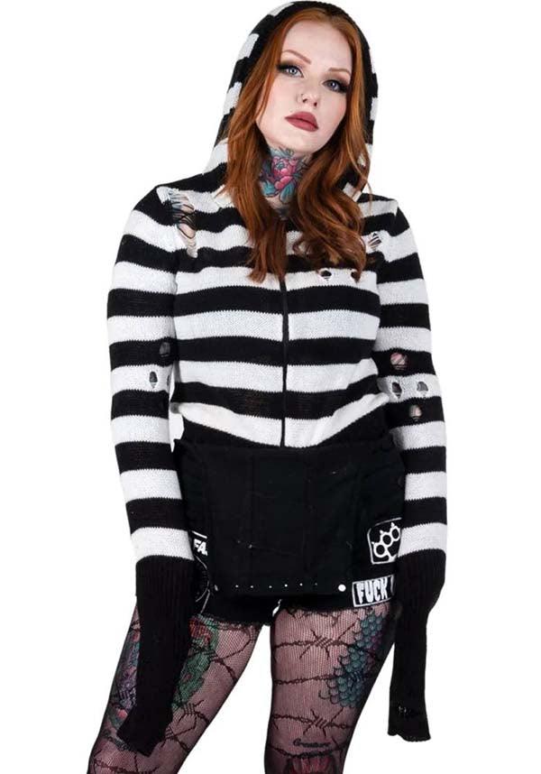 Adorable Pink Skull Striped Zip-Up Hooded Cardigan Sweater for Fall