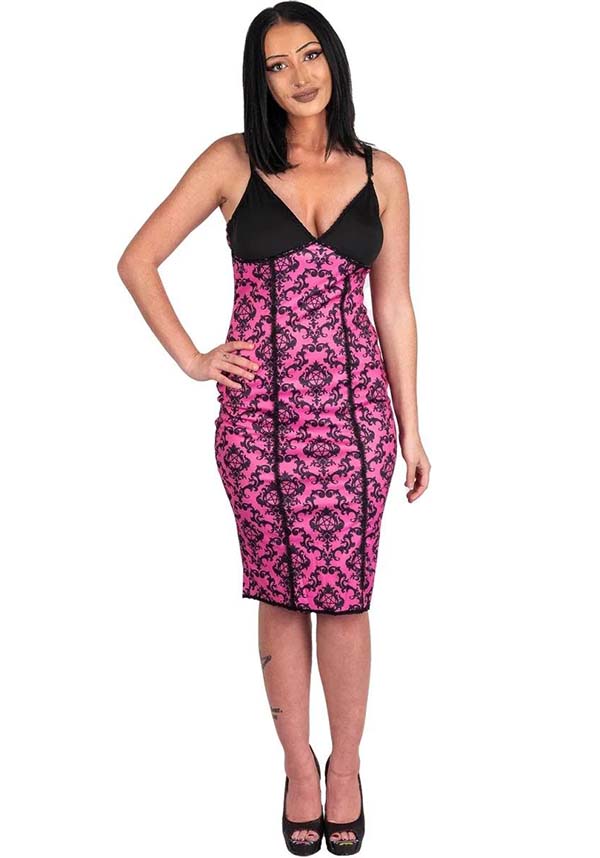 Pink Victorian Gothic Pentagram Damask Cami Lace Dress
