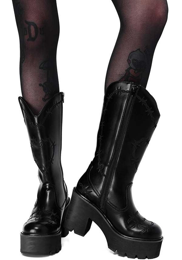Platform Cowboy Boots with Custom Barbed Wire Artwork by Foxblood