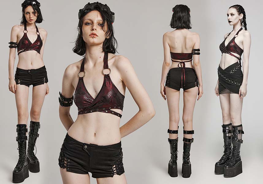 Punk Rave Minerva Wrap Halter Top in Striking Black and Red Color Combination