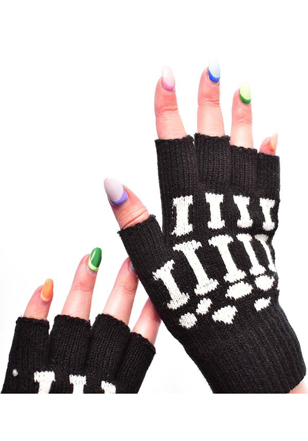POIZEN INDUSTRIES Black and White Fingerless X-Ray Design Gloves for a Creepy Look