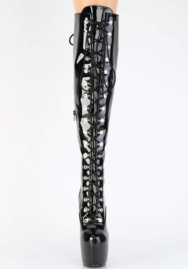 JUBILANT-3012 Black Patent Platform Over-The-Knee Pre-Order Lace-Up Boots
