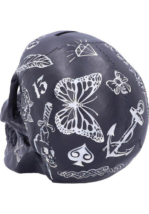 Black and White Gothic Tattoo-Style Skull Shaped Money Box for Saving Fund