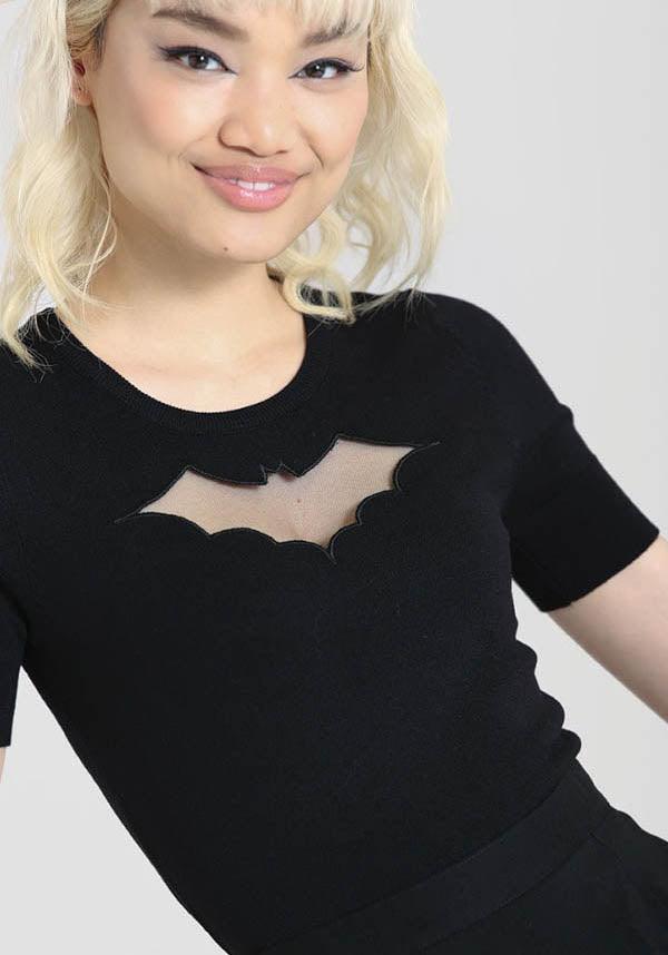 Vintage Black Knit Top with Spooky Mesh Cut-Out Bat Design