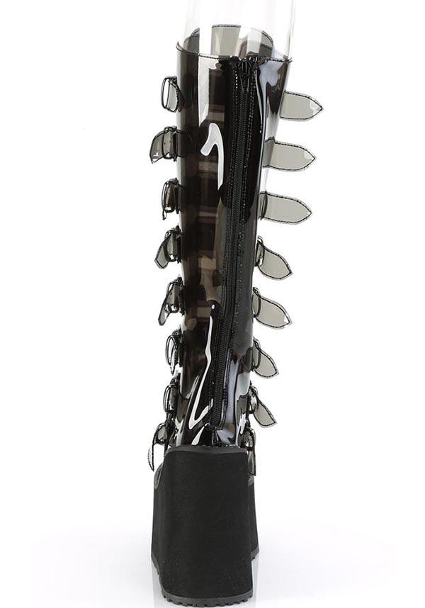 PREORDER - Demonia Swing-815C Platform Boots in Smoke TPU Color for Alternative Footwear Lovers