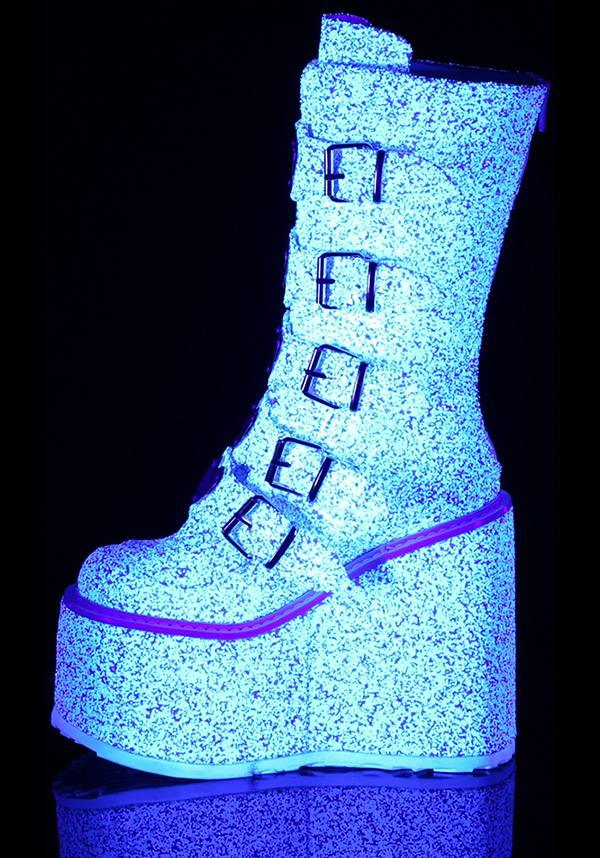 PREORDER DEMONIA SWING-230G White Multi Glitter Platform Mid-Calf Boots for Alternative Fashion